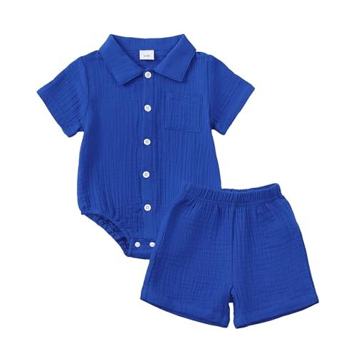 Jecson Newborn Boy Clothes Baby Boy Outfits Summer Cotton 2 Piece Set with Button Down Bodysuit and Shorts 0-18M