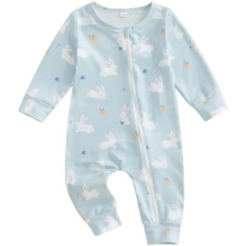 Newborn Baby Boy Girl Easter Rabbit Jumpsuit Long Sleeve Oblique Zipper Romper Bunny One Piece Overall Outfit