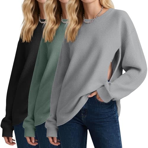 3 Pack Women's Oversized Nursing Tops, Waffle Knit Breastfeeding Zipper Sweatshirt Long Sleeve Maternity Shirts