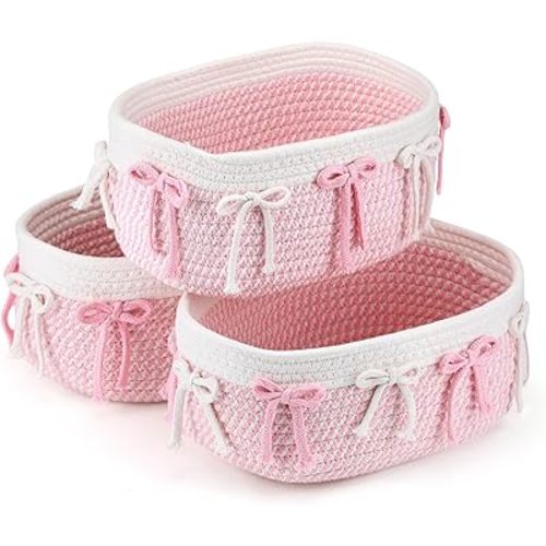 Geelin 3 Pcs Pink Bow Baskets Laundry Hamper Cute Coquette Woven Rope Gift Baskets Rectangle Shelf Organizer Storage Bins for Closet Bedroom Nursery Toys Organizing, 11.8''x7.8''x4.7''