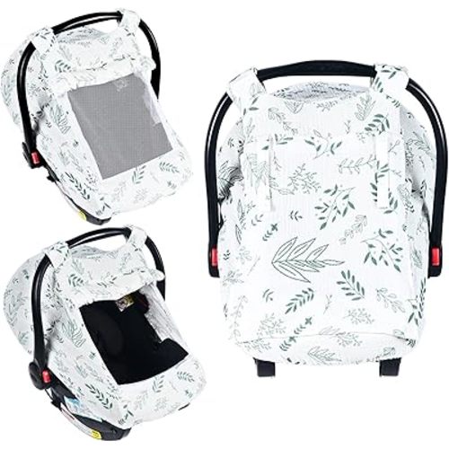 Summer Muslin Car Seat Cover Baby Girls Boys,Infant Carseat Covers with Breathable Window,3 Adjustable Modes, Lightweight Car Seat Sun Shade Cover for Babies,Green Leaf