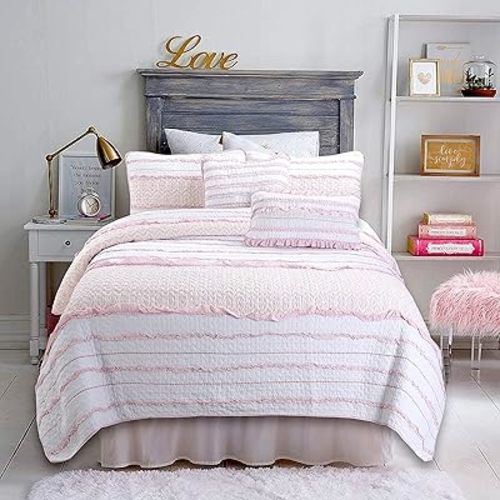 Cozy Line Home Fashions Pretty in Pink Girly Ruffle Stripped 100% Cotton Reversible Quilt Bedding Set, Coverlet, Bedspread (Pink Princess, Twin - 2 Piece: 1 Quilt + 1 Sham)