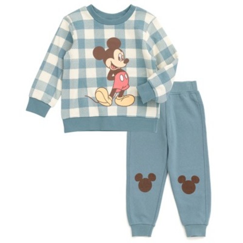 Disney Mickey Mouse Infant Baby Boys Fleece Sweatshirt and Jogger Pants Outfit Set Buffalo Plaid Teal 12 Months