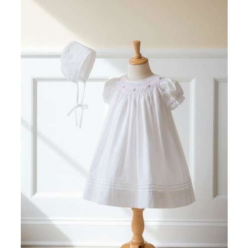 Smocked 2pc Daygown Set: Newborn White Bishop Dress & Bonnet for Baby Girls Hand Embroidery