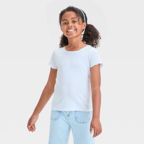 Girls' Short Sleeve Ribbed T-Shirt - Cat & Jack™ White S: Crew Neck, Pullover