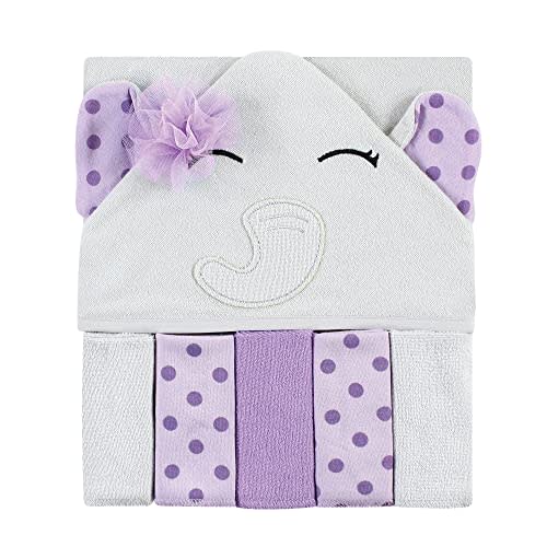 Hudson Baby Unisex Baby Hooded Towel and Five Washcloths, Purple Dots Pretty Elephant, One Size