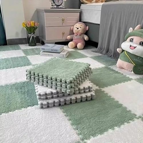 20pcs Plush Puzzle Foam Floor Mat, 11.8x11.8in Soft Interlocking Carpet Tiles，Anti-Slip Puzzle Area Rug Playmat for Room，Green White