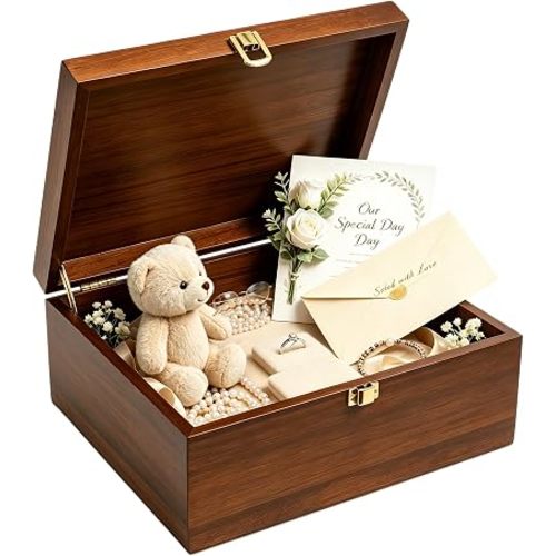 ELFWARRIOR Wooden Keepsake Box, Large Storage Memory Box,Acacia Wood Storage Box with Hinged Lid for Stamps Keepsakes, Photos, Postcards, Jewelry -Walnut Brown-(Only Box)