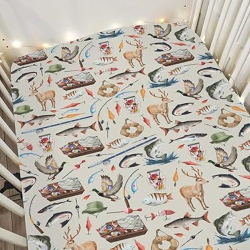 Vintage Hunting Fishing Baby Crib Sheets for Boy Girl 52x28Inch Hunting Duck Deer Fishes Soft Stretchy Fitted Crib Mattress Cover Outdoor Adventure Baby Sheet for Standard Crib & Toddler Bed Mattress