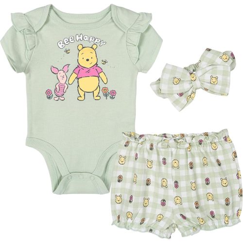 Disney Baby Girls Bodysuit, French Terry Bubble Shorts & Headband 3 Piece Outfit Set Newborn to Infant Sizes (0-24 Months)