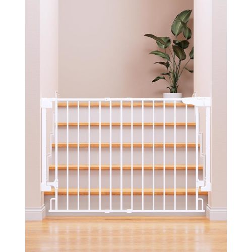 Cumbor 29.2-43" No Bottom Bar Baby Gate for Stairs, 2-in-1 Hardware Mounted Dog Gate Indoor, Auto Close Pet Gate for Doorways with Large Walk Thru Door, Wide Child-Proof Safety Gates for Kids (White)