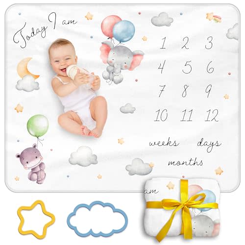 Baby Milestone Blanket, 40x50in Soft Flannel, Custom Cloud & Star Design with Baby Animals, Includes Yellow Star & Blue Cloud Milestone Markers, Perfect, White & Pastel Colors