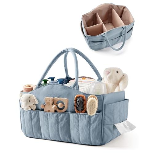 Marscamd Quilted Baby Diaper Caddy with Detachable Divider and Wipes Pocket | Lightweight Baby Caddy Organizer with Handles and 8 Pockets for Baby Stuff, Dusty Blue