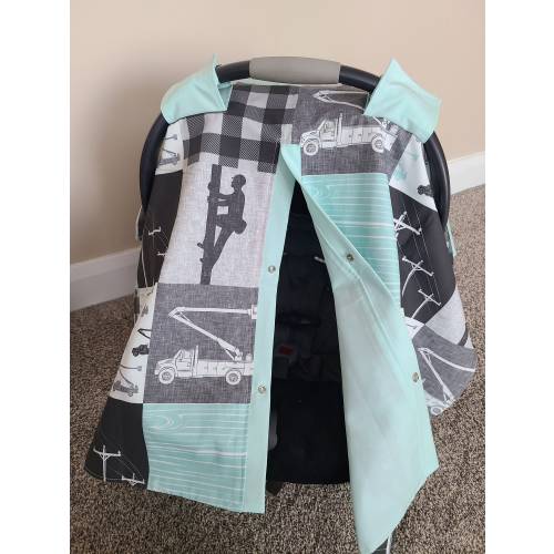 Grey Mint Lineman Baby Boy Carseat Cover Canopy, Baby Shower Gift, Electricity Print