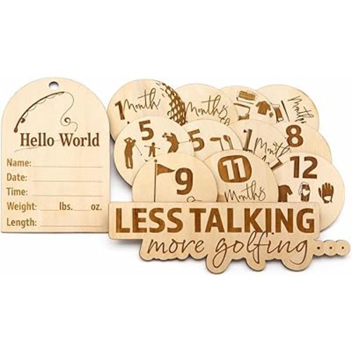 SM Design Baby Milestone Markers Set of 12 + Birth Announcement Sign | Monthly Baby Photo Props | First Year Milestones | Nursery Wall Decor | Hobby Theme (Golf)