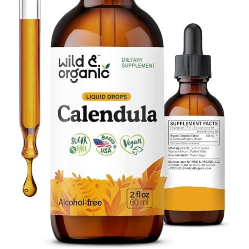 Wild & Organic Calendula Flowers Supplement - Antioxidant, Immune & Skin Support - Add to Tea Liquid Drops - Calendula Tincture - Vegan, Alcohol & Sugar-Free - 2 fl oz