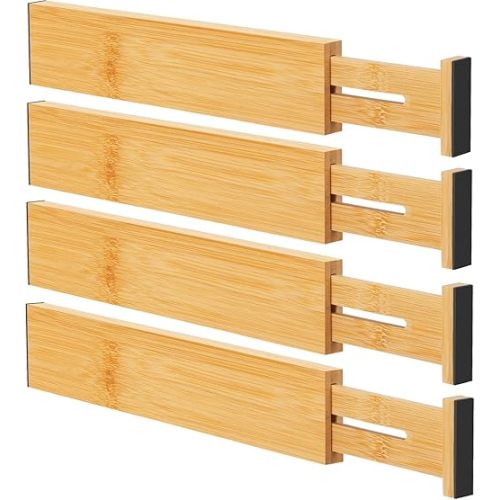Bamboo Drawer Dividers Organizers, Kitchen Drawer Organizer, Adjustable Drawer Divider for Clothes, Kitchen, Dresser, Bedroom, Bathroom and Office, 4-Pack (Natural, 12-17 IN)