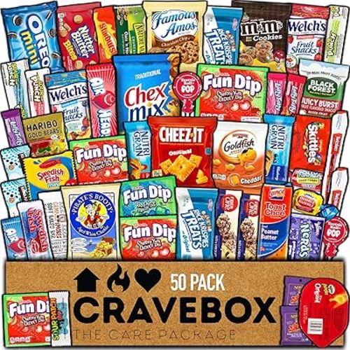 CRAVEBOX Snack Box (50 Count) Christmas Variety Pack Gift Care Package Basket Adult Kid Guy Girl Women Men Birthday College Student Office Back to School