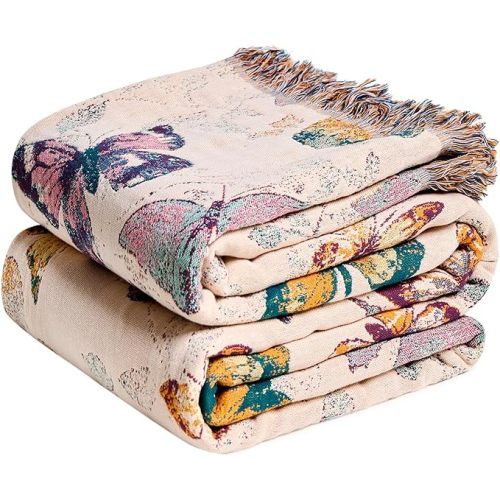MSGKV Boho Throw Blanket for Couch Cotton Butterfly Blanket 50"x60" Sofa Chair Blankets All Seasons Muslin Breathable Lightweight Farmhouse Blankets Home Decor