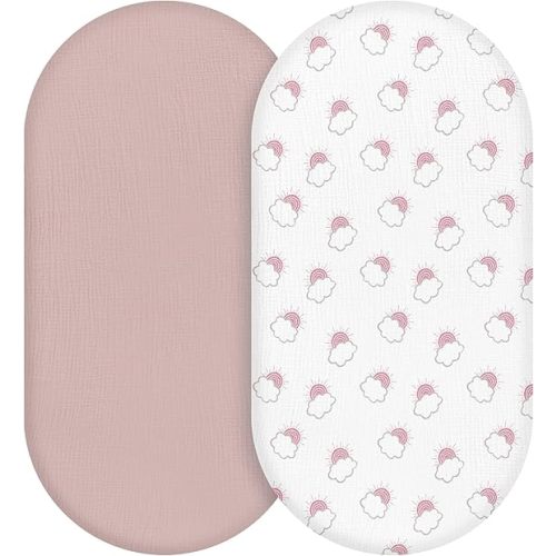 Muslin Bassinet Fitted Sheets, 2 Pack for Baby Boy and Girl, Soft Breathable Stretchy Baby Pad/Mattress Sheet Set, Universal Fit for Hourglass Oval and Rectangle Bassinet Mattress (Pink Cloud)