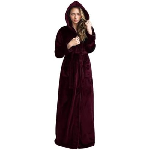 Hellomamma Long Hooded Robe for Women Luxurious Flannel Fleece Full Length Bathrobe Winter Warm Pajamas Shower Nightgown