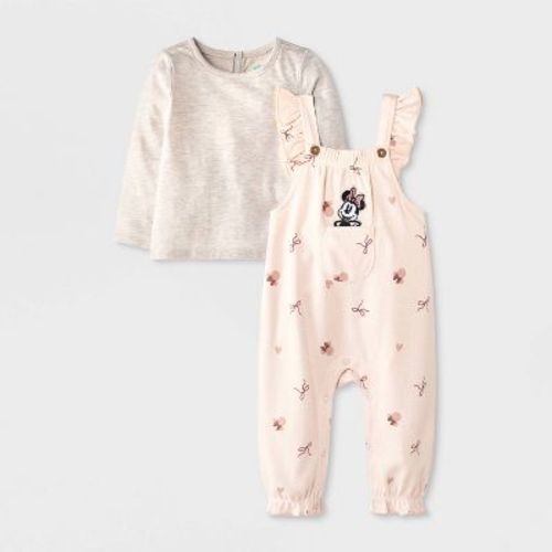 Baby Girls' 2pc Disney Minnie Mouse Long Sleeve Top and Overalls Set - Pink 3-6M