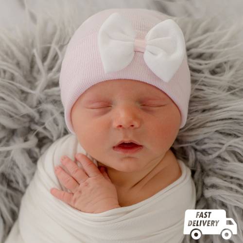 Melondipity Newborn Girl Hospital Hat: Pink Beanie with Satin Bow