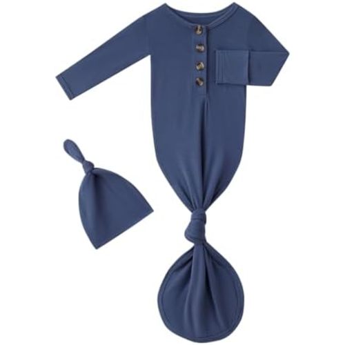 Newborn Baby Boys Girls Knotted Gown Headband/Hat Set Clothes Bamboo Viscose Soft Sleeper Sleep Gown with Mittens