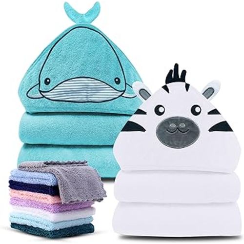 Cute Castle 2 Pack Hooded Baby Towel Rayon Made from Bamboo with 8 Washcloths - Soft Bath Towel for Bathtub for Babie, Newborn, Infant - Ultra Absorbent, Natural Baby Stuff Towel (Zebra and Whale)