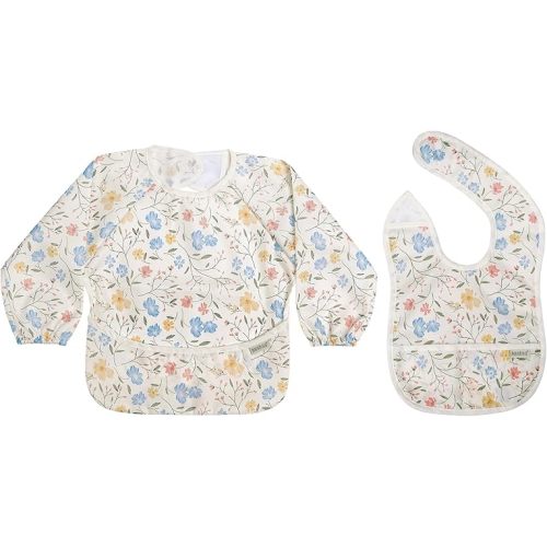 haakaa Waterproof Baby Bib Set, Mess Proof Long Sleeve Smock & Lightweight Baby Bib for Eating, Toddler Feeding Bibs for Baby Led Weaning, Machine Washable, Adjustable Fit for 6-24 Months, Garden Flow