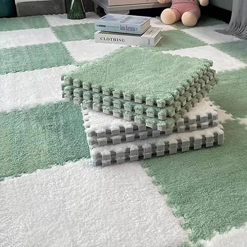 10pcs Plush Puzzle Foam Floor Mat, Soft Fluffy Interlocking Square Foam Tiles Area Rugs Carpet for Parlor Bedroom Decoration(11.8x11.8in, Green&White)