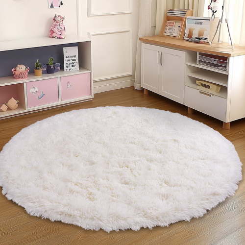 ZENELESS Fluffy Shag Circle Rug for Nursery Room,7x7ft Cream White Fuzzy Plush Rug for Dorm,Kids Girls Boys Room,Reading Nook,Home Decor