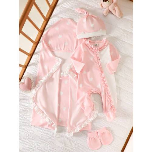 SHEIN Newborn Heart Print Lace Decor Gift Set Baby Layette Baby Girl Newborn Bonnet And Long Sleeve Pink Newborn Outfits Baby Girl Set Pink Ruffle Newborn Clothes Baby Girl Bonnet Long Sleeve Baby Girl Newborn Clothes Pink Ruffle Newborn Outfit Baby Girl 