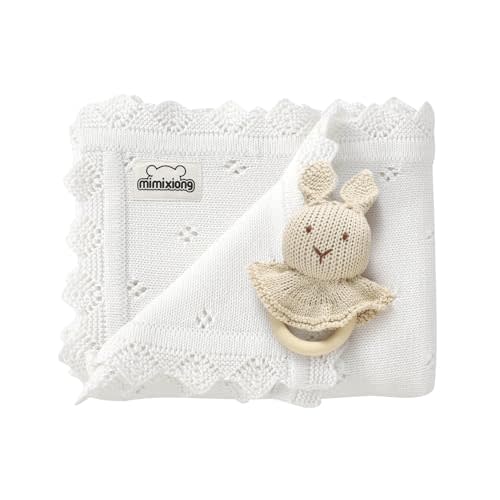 mimixiong Cotton Baby Blanket Knitted Crochet Receiving Crib Nursery Swaddling Blankets for Newborn Baby Boy Girl with the Bunny Rattle (Snow White)