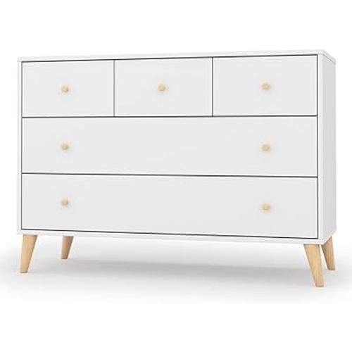 dadada Austin 5-Drawer Dresser for Nursery and Bedroom - Modern Design, Large Storage, Baby-Safe Finish, Anti-Tip Safety, Solid Wood Feet, Durable Construction (White+Natural)