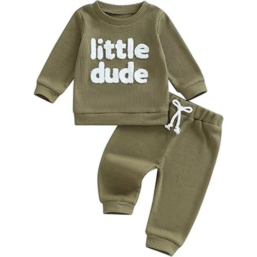 Kupretty Toddler Baby Boy Fall Winter Clothes Embroidery Waffle Knit Sweatshirt Pullover Tops + Casual Pants Outfit Set