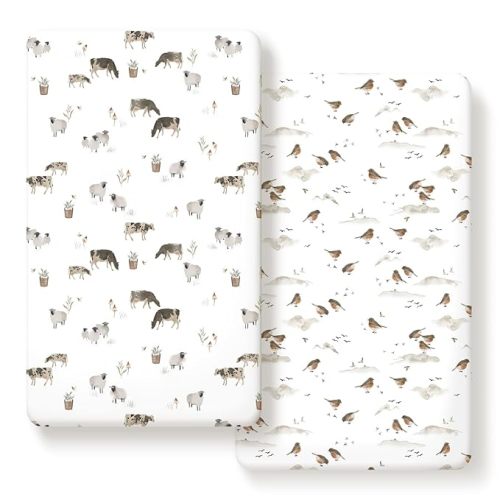 Stretch Ultra Soft Jersey Knit Fitted Crib Sheets Set 2 Pack,Fit All Standard Crib Mattress Pads Safe and Snug, Crib Fitted Sheet for Baby, Cute Watercolor Cows and Birds Print