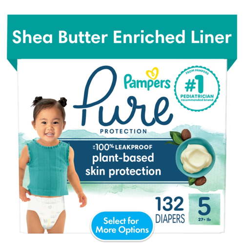 Free Shipping! Pampers Pure Baby Diapers Size 5, 132 Count, Hypoallergenic Leak Barrier with Cotton Outer