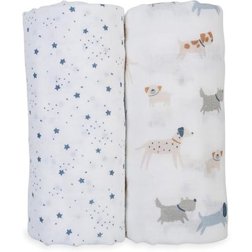 lulujo Baby Swaddle Blankets | Unisex Softest Breathable Cotton Muslin Swaddle Blanket Set | Neutral Receiving Blanket for Girls & Boys | 40in x 40in | Puppy Dog & Stars | 2-Count