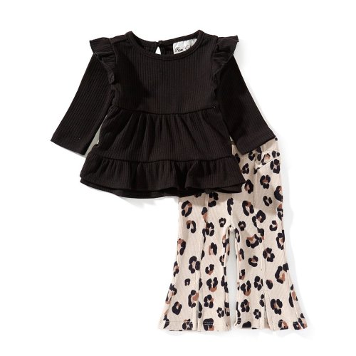 Rare Editions Baby Girls Crewneck Rib Knit Top & Cheetah Flare Leg Pants Set