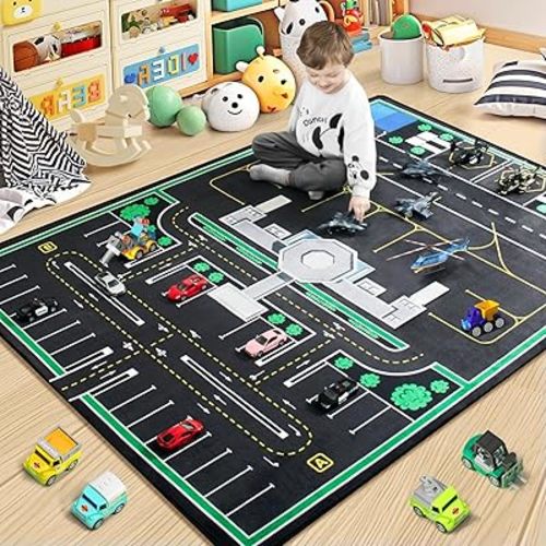 Kids Rug, Road Carpet for Kids with Combined City Road Traffic System,Car Rug and Airport Play Mat,3x5 Ft Children’s Play Rugs for Playroom, Children’s City Traffic Map Fun Car Mat,Non-Slip