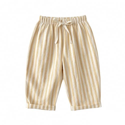 Toddler Boys Cute Striped Pants Baby Girls Baggy Cotton Linen Sweatpants with Drawstring Summer Elastic Waist Barrel