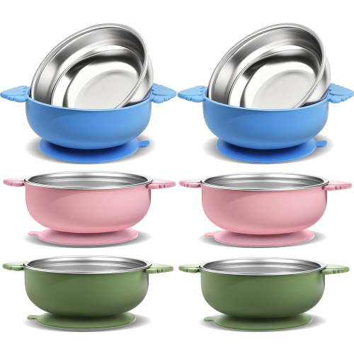 6 Pack Stainless Steel Baby Bowls with Suction 2-in-1 BPA-Free Removable Silicone Sleeve, Non Slip, Anti Scald, Unbreakable, Dishwasher Safe for Toddler Kids Food Feeding