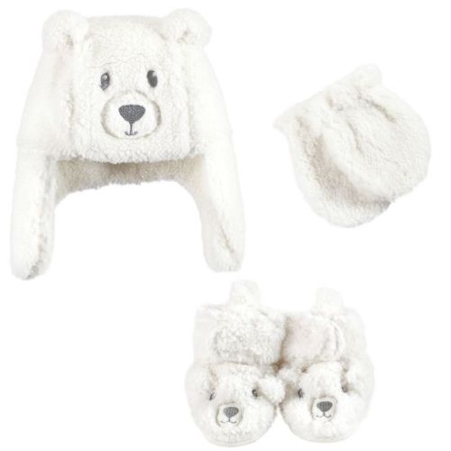 Hudson Baby Trapper Hat, Mitten and Bootie Set, Cream Bear, 0-6 Months
