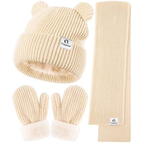 Baby Beanie Mittens Scarf Set,Toddler Infant Kids Winter Hat with Bear Ear Thermal Gloves Neck Warmer Set for Girls Boys