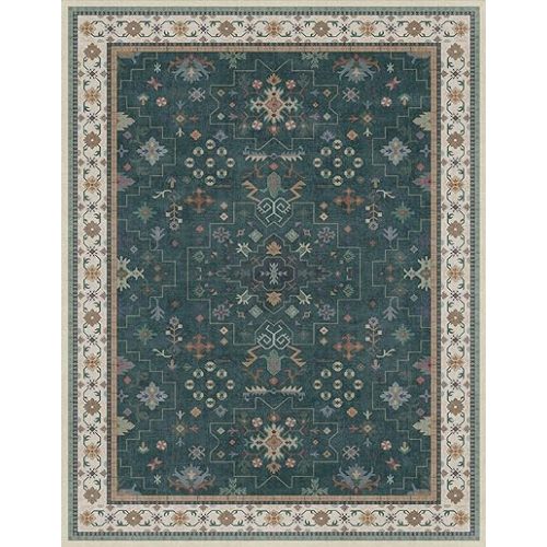 Vintage Dark Green 7x9 Dining Room Rugs for Under Kitchen Table - Washable Livinig Room Rug - Unique Floral Pastel Low Pile Non-Slip Area Rugs for Bedroom