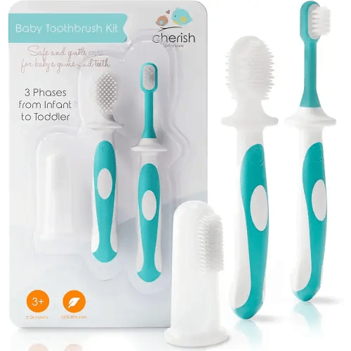 Cherish Baby Care Toothbrush Set (3-24 Months) - 3-Pack Finger, Training & Toddler Toothbrushes, BPA-Free, Newborn Essentials