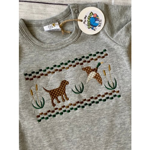 Embroidered hunting romper, Faux smocked duck & lab shirt, Boy dog shirt, baby boy hunting outfit,Duck hunt bubble,faux smocked lab and duck