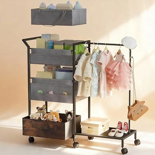 Baby Diaper Caddy Organizer - 3 Tier Rolling Cart with Kids Clothing Rack, Mobile Utility Cart with Dividers and Drawers, Large Capacity Storage Cart for Bedroom, Bathroom, Grey Carts with Wheels