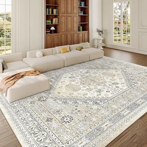 zesthome 10x12 Area Rugs for Living Room,Large Washable Rug,Beige | Rugs for Bedroom,Dining Room,Office,Low Pile,Soft, Vintage Rug,Stain Resistant Indoor Carpet,Non Slip,Home Decor